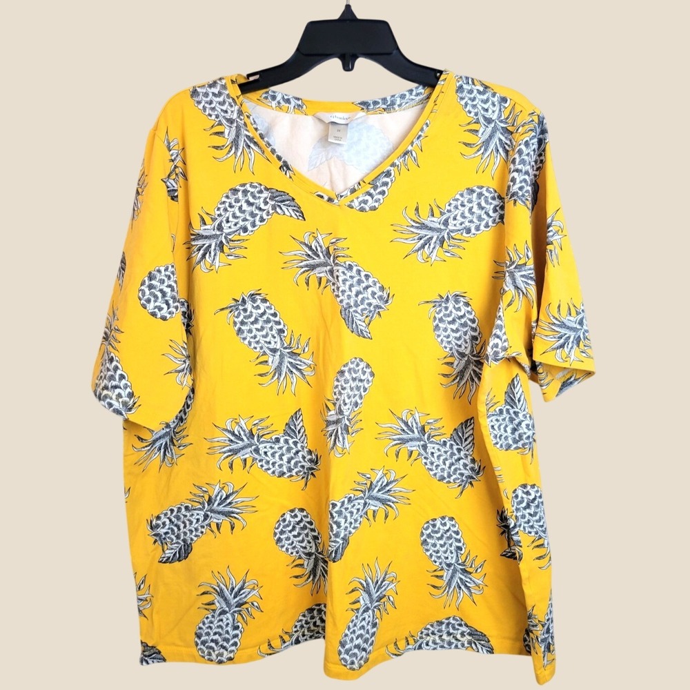 CJ Banks Pineapple T-Shirt Plus Sx 3X Tropical V-Neck Cotton Stretch Top Yellow